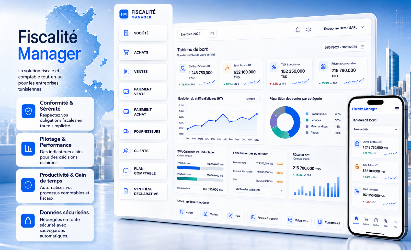 Aperçu Fiscalité Manager avec tableau de bord desktop et mobile